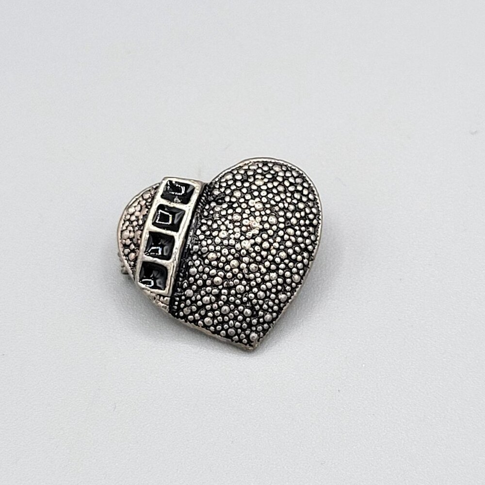 Sterling Silver Marcasite Small Heart Shaped Brooch Pin Textured Black Crystals